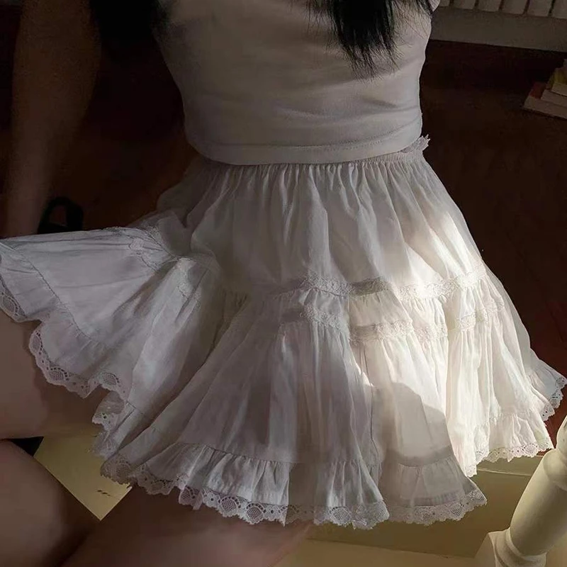 甜美软妹白色蕾丝拼接半身裙夏季尽量百搭防走光短裙子蓬蓬蛋糕裙