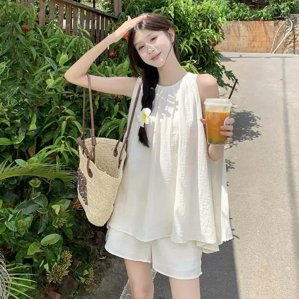 夏日ootd穿搭套装法式气质简约宽松背心衬衫洋气阔腿短裤两件套