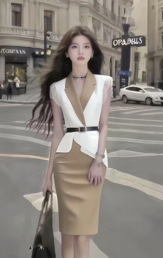 优雅轻奢高端大气时尚V领修身上衣+百搭显瘦包臀半身裙卡其色套装