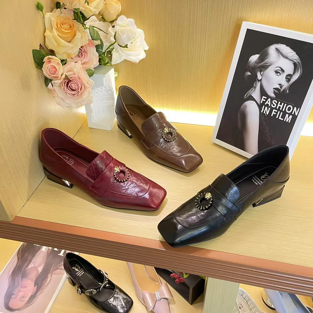 1420【佴炟】春秋季新款设计师款—方头低跟百搭浅口牛皮单鞋A【4cm】