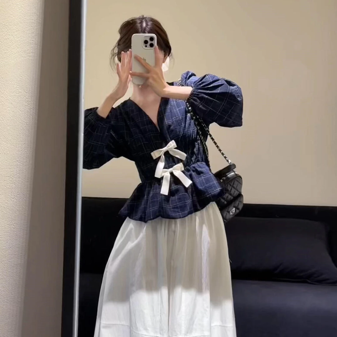 蝴蝶结衬衫套装连衣裙子女2026新款早秋季韩系氛围感穿搭白色长裙