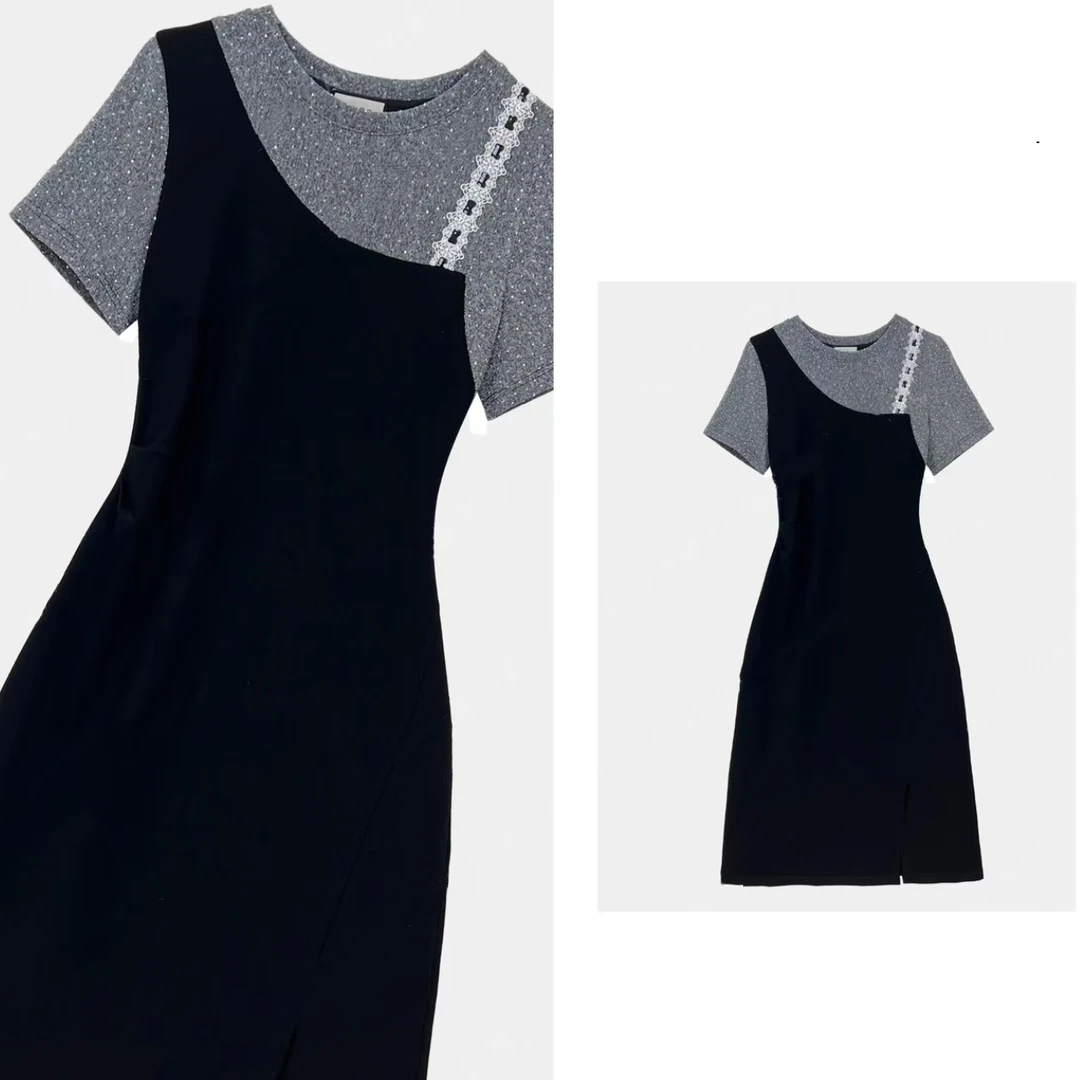 设计师时尚新款2025夏日女装拼接假两件气质显瘦连衣裙