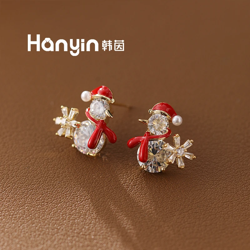 铜合金合成锆石耳饰 925银针气质大颗粒微镶围巾雪人耳钉