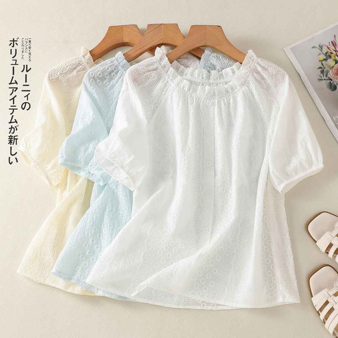 2025提花镂空刺绣荷叶花边领套头圆领百搭T恤小衫