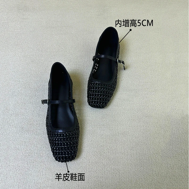 【DR设计师联名】羊皮版内增高5cm方头镂空网纱明星千金鞋子名媛风