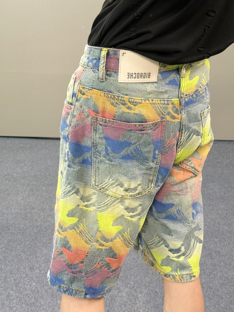 定制彩虹-提花-牛仔短裤男夏季薄款复古中裤美式潮牌宽松五分裤