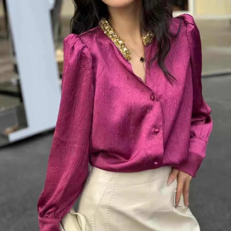 肌理感半开领春秋V领宽松型衬衫显瘦钉珠百搭法式洋气衬衣