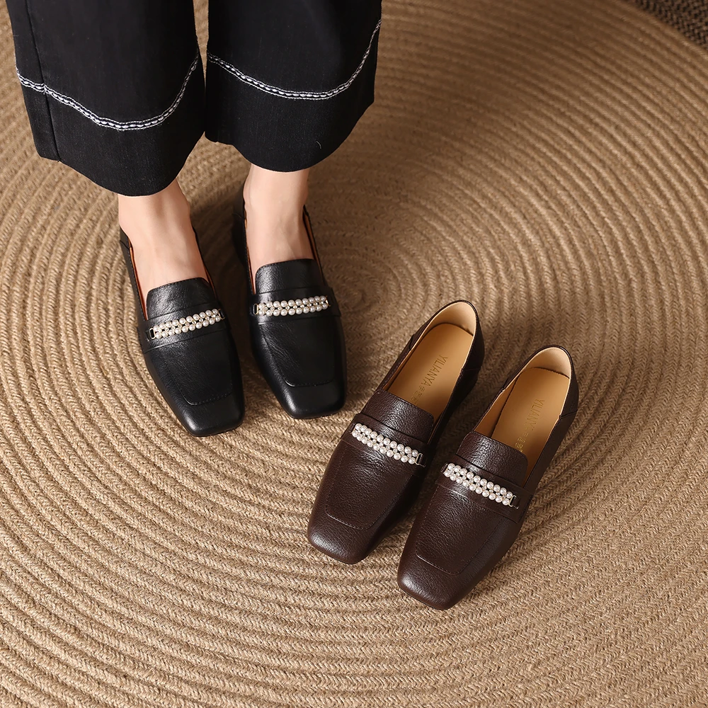 107-3春季女单鞋中跟方头舒适真皮2025新款妈妈鞋粗跟方头通勤鞋