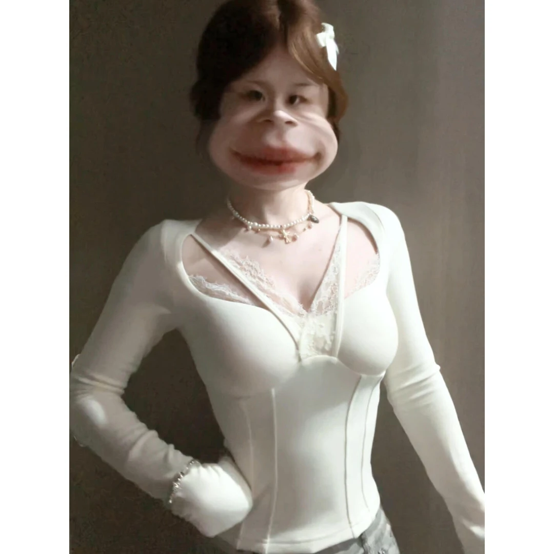 【现货】韩系高级辣妹修身蕾丝边鱼骨长袖T恤收腰显瘦女春秋季上衣