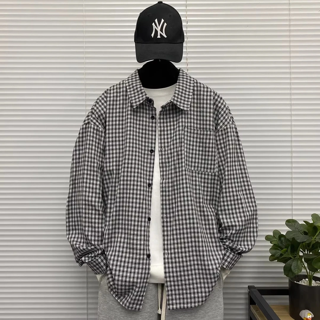 vintage美式格子长袖衬衫男春秋青少年休闲痞帅cleanfit衬衣外套