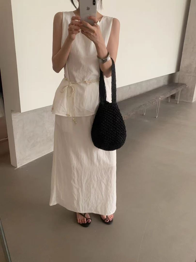 lovely@s9998 韩系简约绑带无袖小衫+半身裙套装 6-24