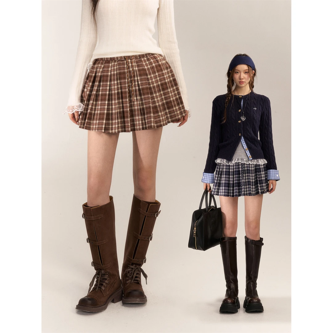 AsGony 复古学院风格子百褶裙女秋冬款百搭高腰抽绳短款a字半身裙