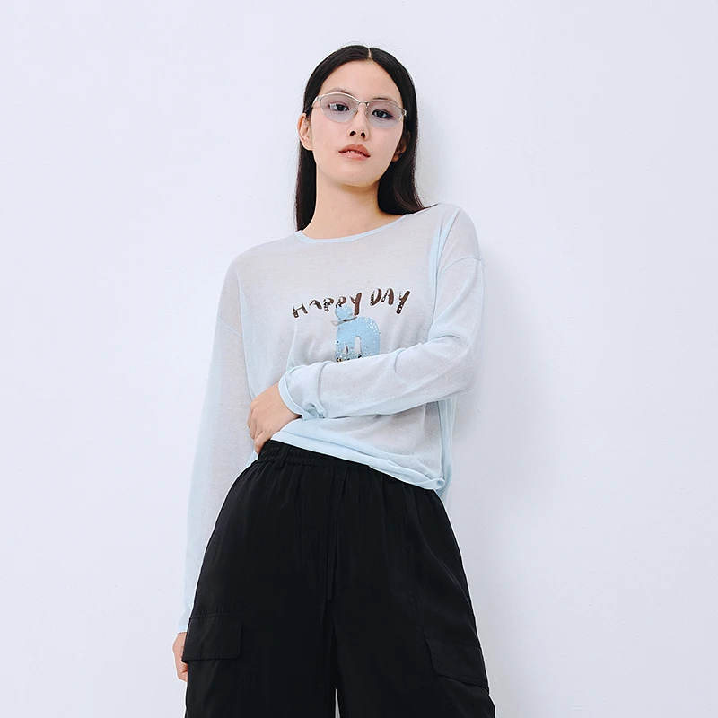 H·GENTEEL荷高2025新夏装女浅蓝卡通印花长袖针织衫GVF25659549