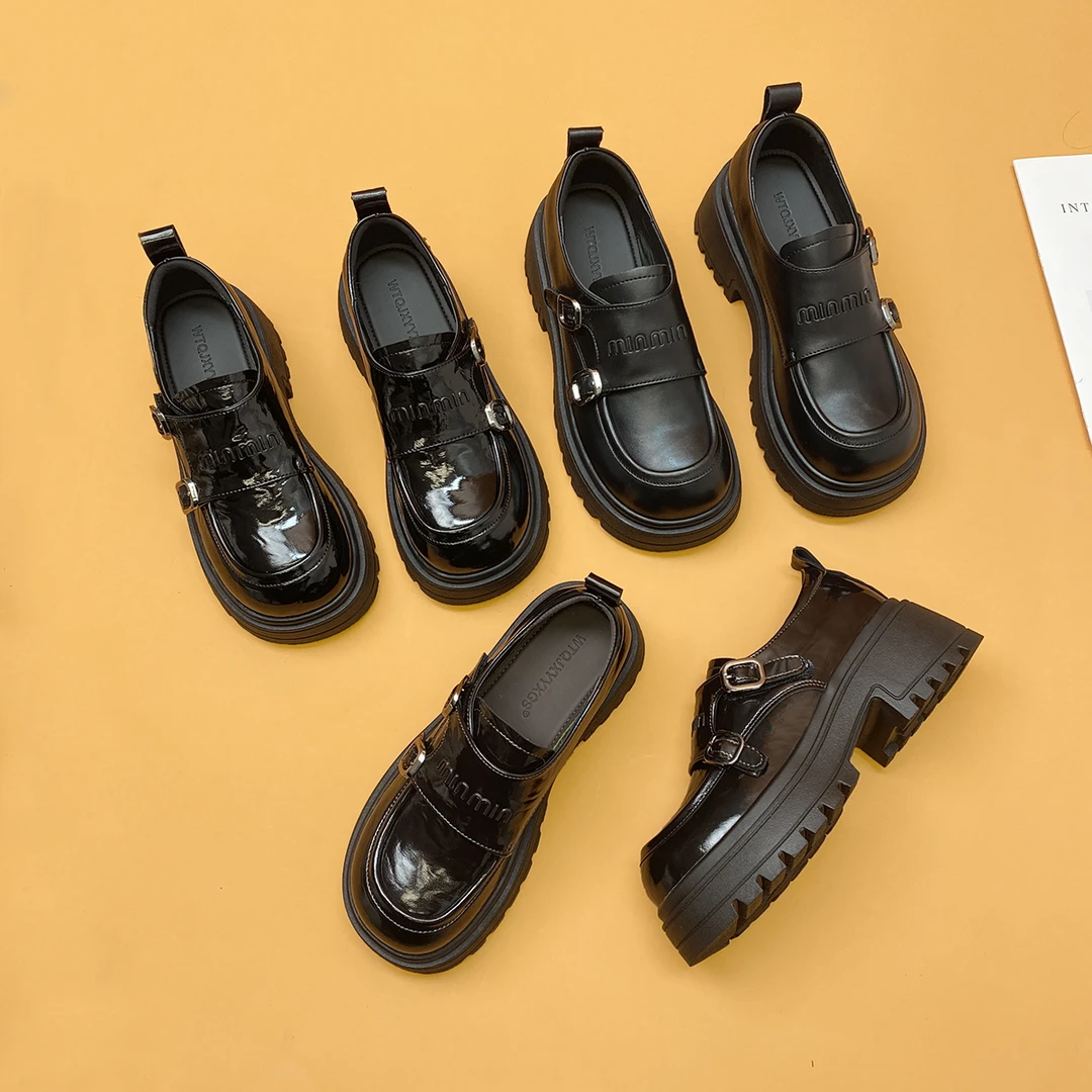 英伦风春秋季单鞋百搭厚底极简风学院风乐福鞋粗跟增高厚底小皮鞋