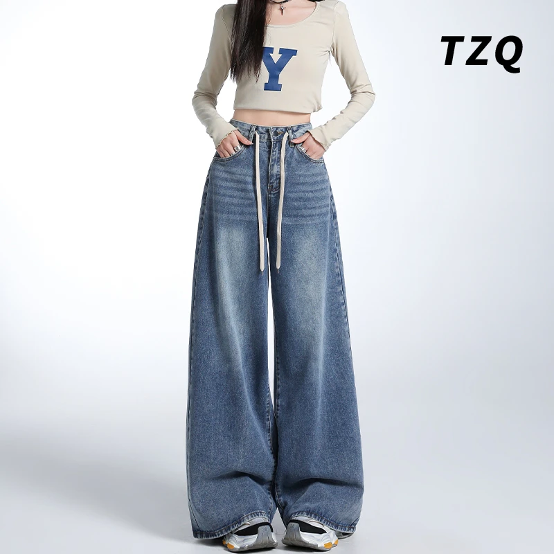 2025夏季复古水洗抽绳高腰阔腿裤百搭垂感宽松牛仔长裤TZQ2520420