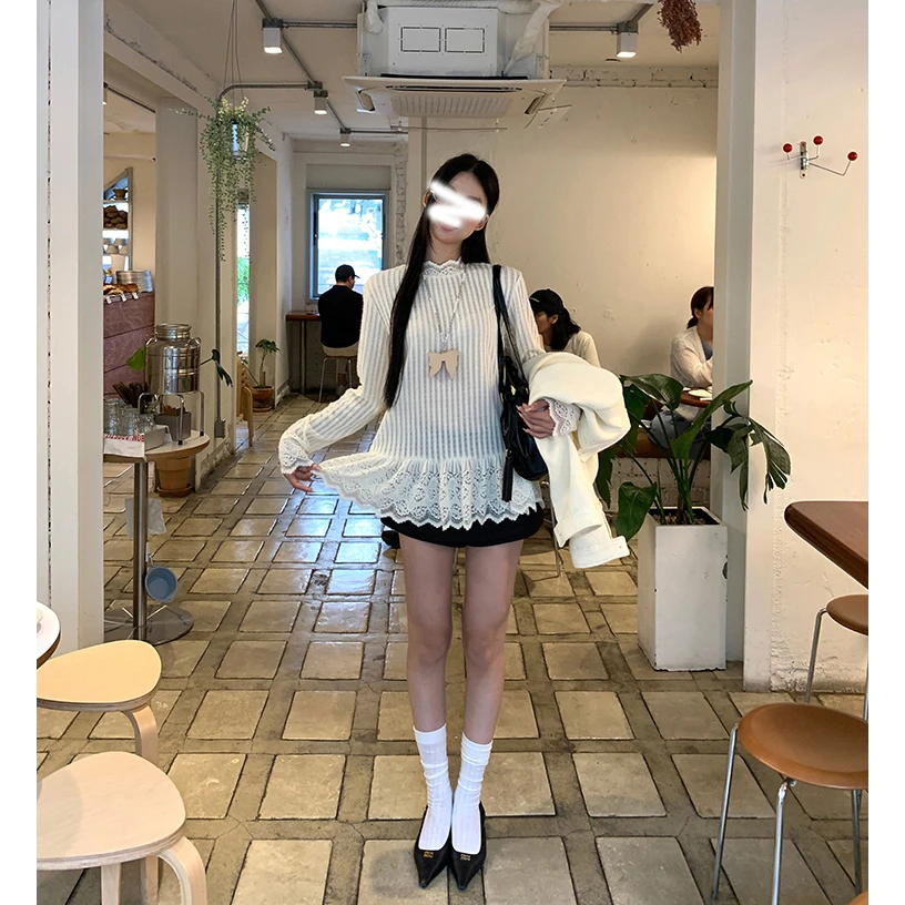 5710 半高领内搭打底衫女设计感蕾丝花边下摆长袖T恤上衣