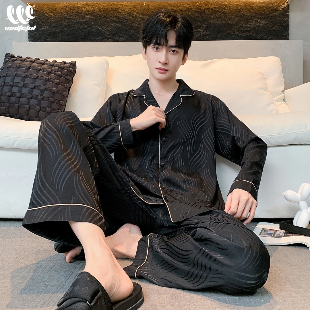 2025新款男士睡衣春秋季冰丝长袖长裤波光粼粼仿真丝绸家居服套装
