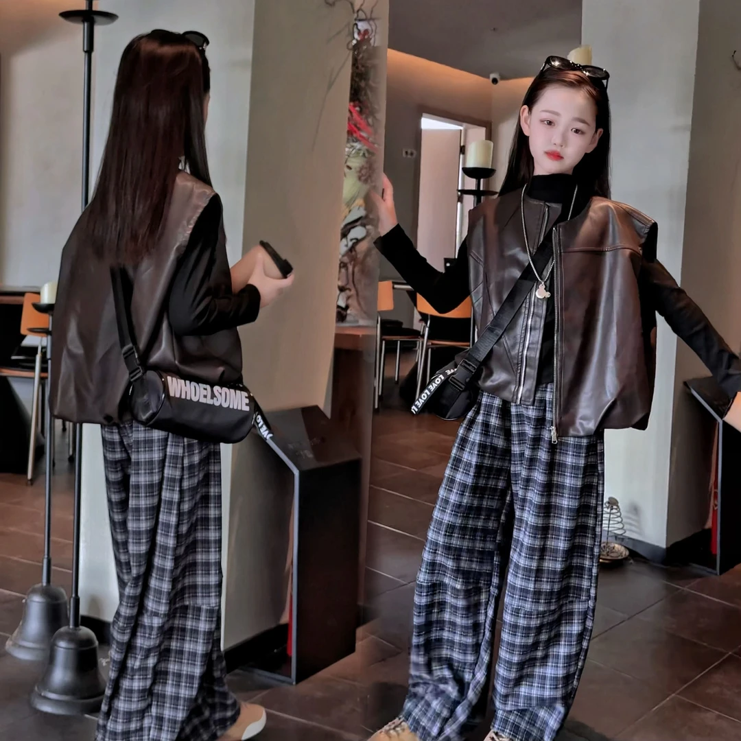 女童春秋皮衣马甲套装中大童格子裤显瘦网红洋气高腰休闲打底衫潮