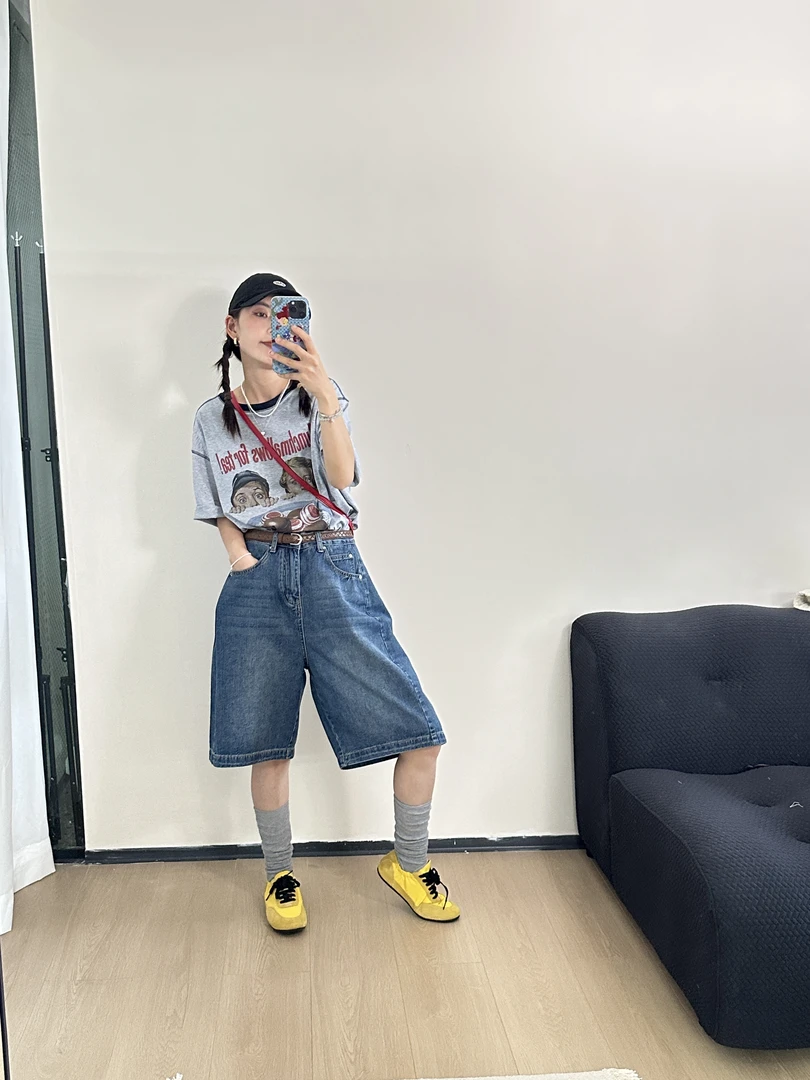 五分牛仔裤夏季新款韩版阔腿 显瘦高腰百搭 女水洗薄款牛仔裤