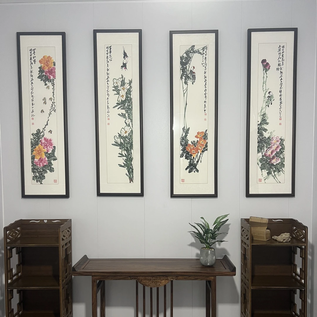 国画《花鸟四条屏》130*35挂画，适合书房茶室办公室卧室装饰