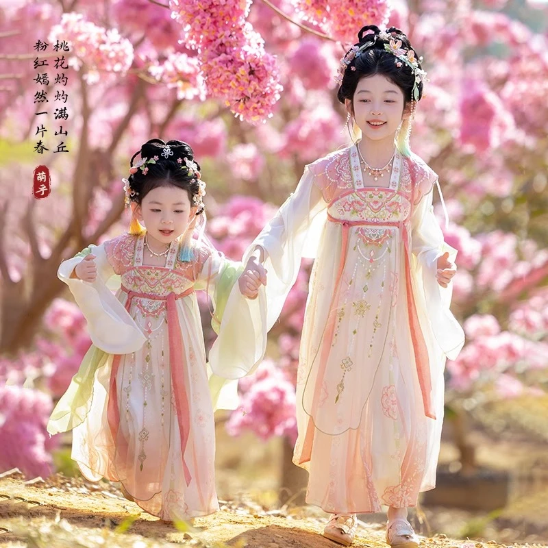 汉服女童春季连衣裙粉色新品新中式连衣裙子女孩中国风