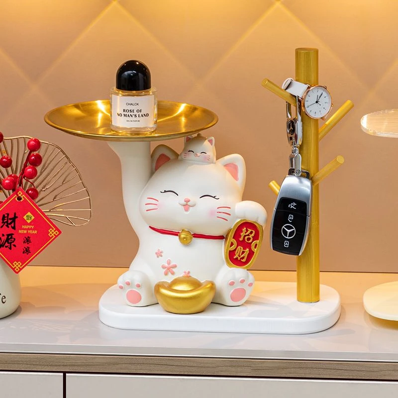 创意招财猫入户玄关钥匙收纳托盘摆件家居客厅装饰品乔迁新居礼物