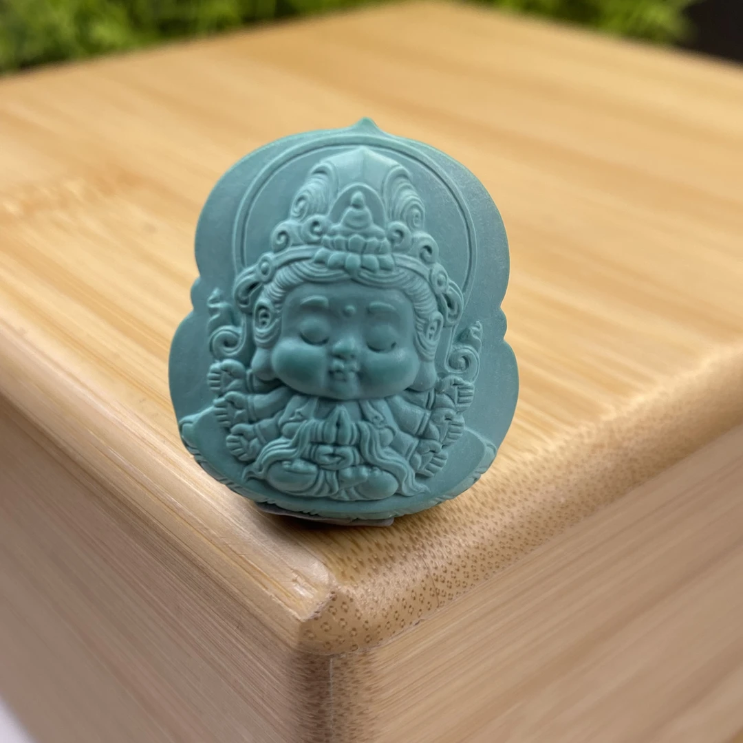 【富贵】湖北十堰天然原矿绿松石精工雕刻千手观音吊坠挂件diy饰品