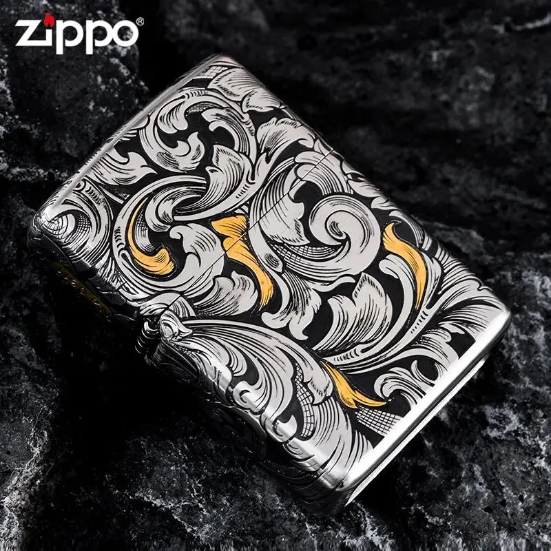 Zippo打火机错金银套壳大叶钢机唐草花礼盒装防风煤油原装防风