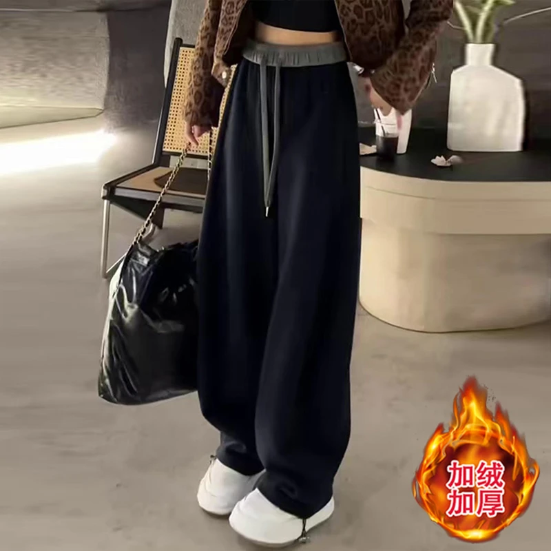 黑色加绒裤子女秋冬季2025新款爆款加厚休闲裤休闲弯刀阔腿长裤