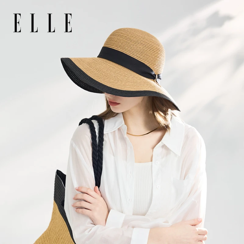 ELLE女士撞色遮阳草帽户外时尚百搭出游沙滩夏季大檐帽36SE18010