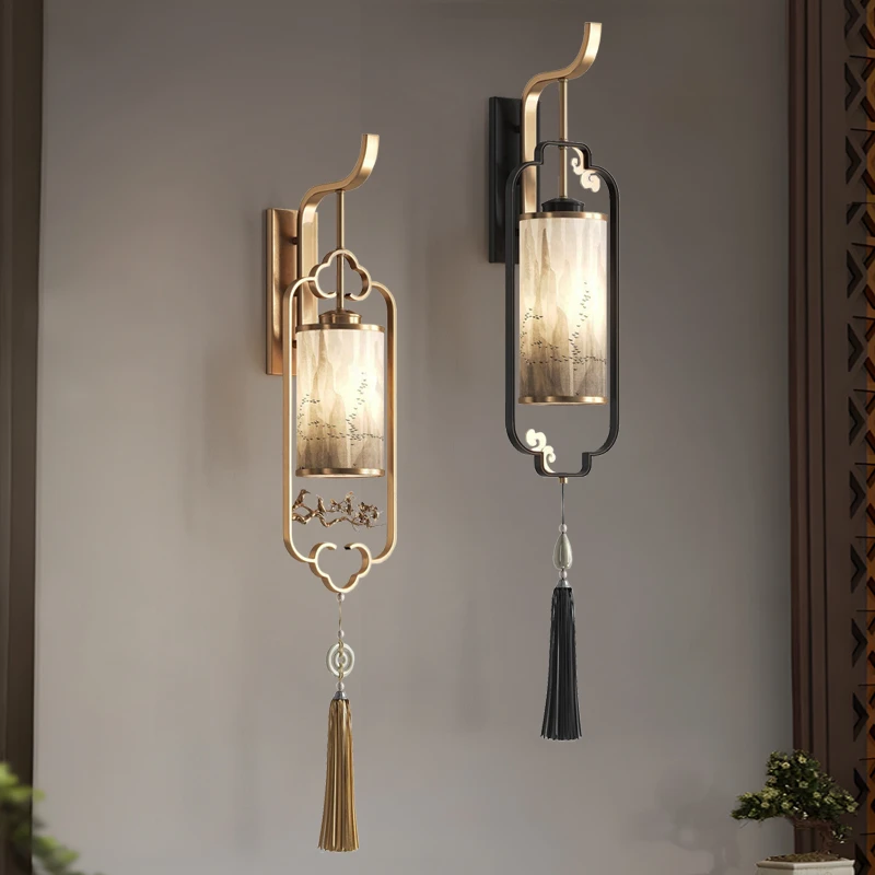 禅意中国风壁灯山水手绘新中式宋代美学过道背景墙壁灯定制灯具