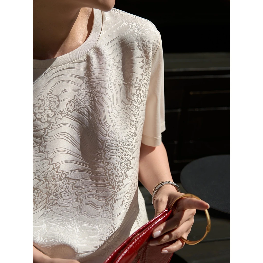 TOFOD 醉清风 丝丝冠乐绉立体提花短袖T恤 百搭圆领上衣