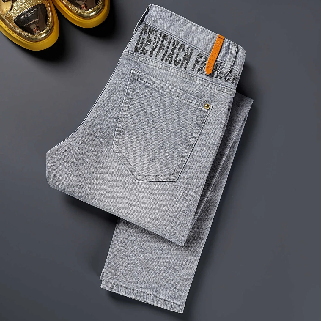 轻奢时尚潮牌个性牛仔裤男士夏季薄款印花时尚百搭修身小脚长裤子