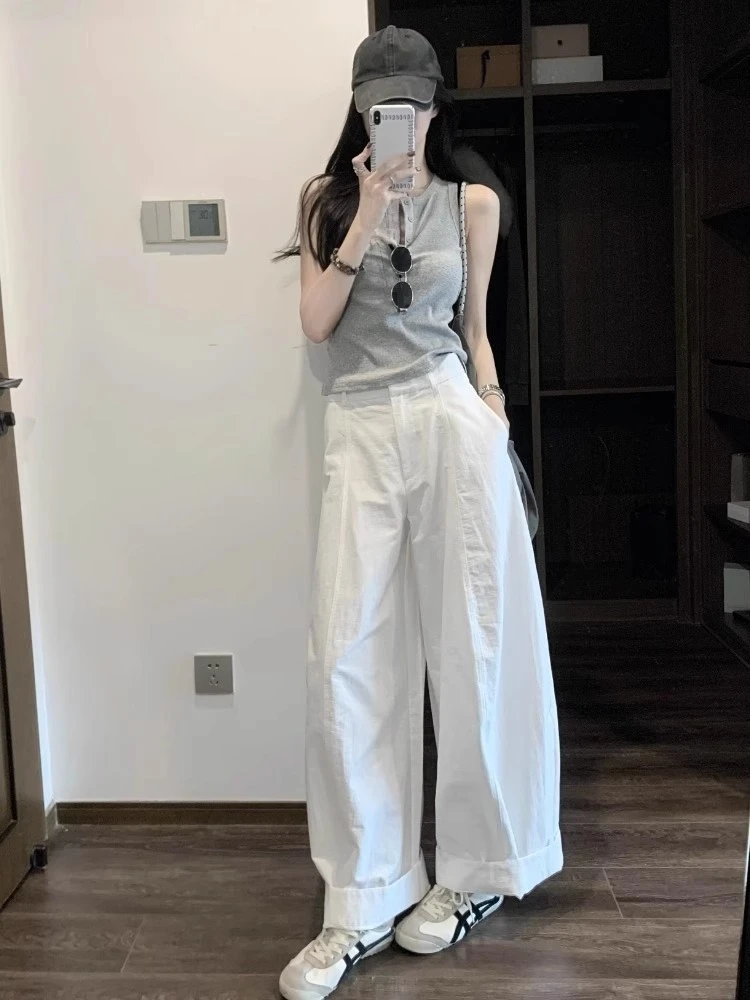 清冷松弛感穿搭小香风韩系灰色背心白色阔腿裤休闲时尚两件套装女