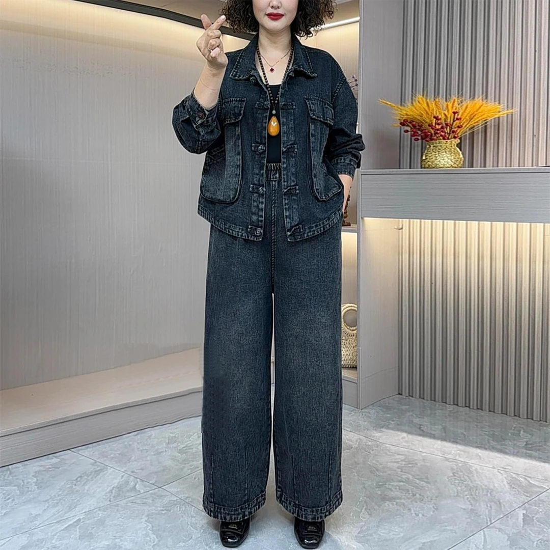 时尚牛仔套装秋季新款休闲宽松显瘦百搭翻领外套阔腿裤女两件套