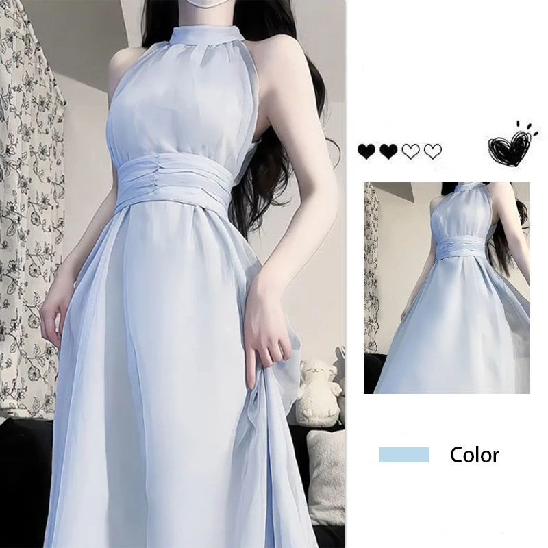 法式甜美温柔超仙挂脖连衣裙女学生夏季新款收腰显瘦高级感长裙子