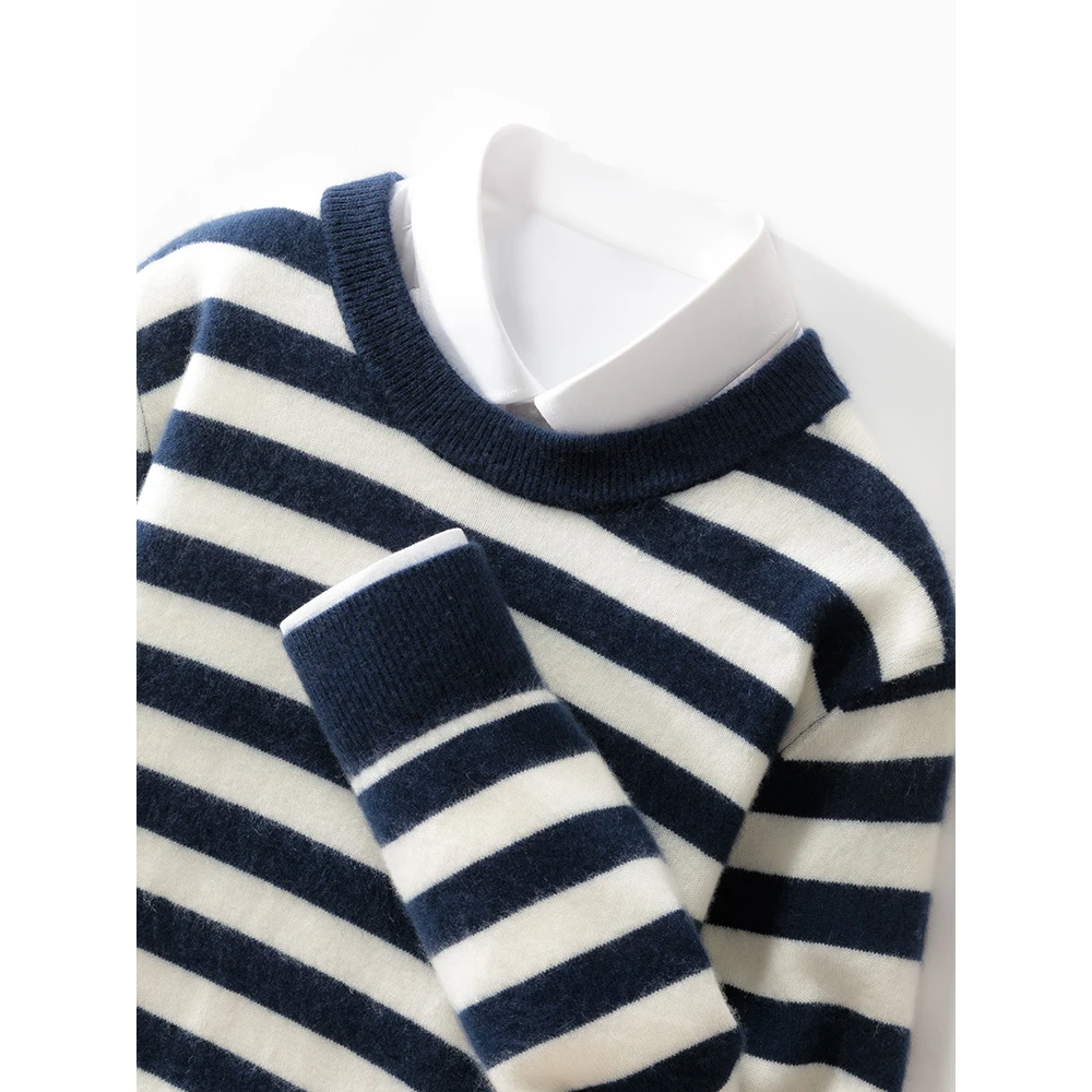 难得的重工艺！新款100澳洲羊毛衫男圆领条纹拼色时尚潮流套头打底