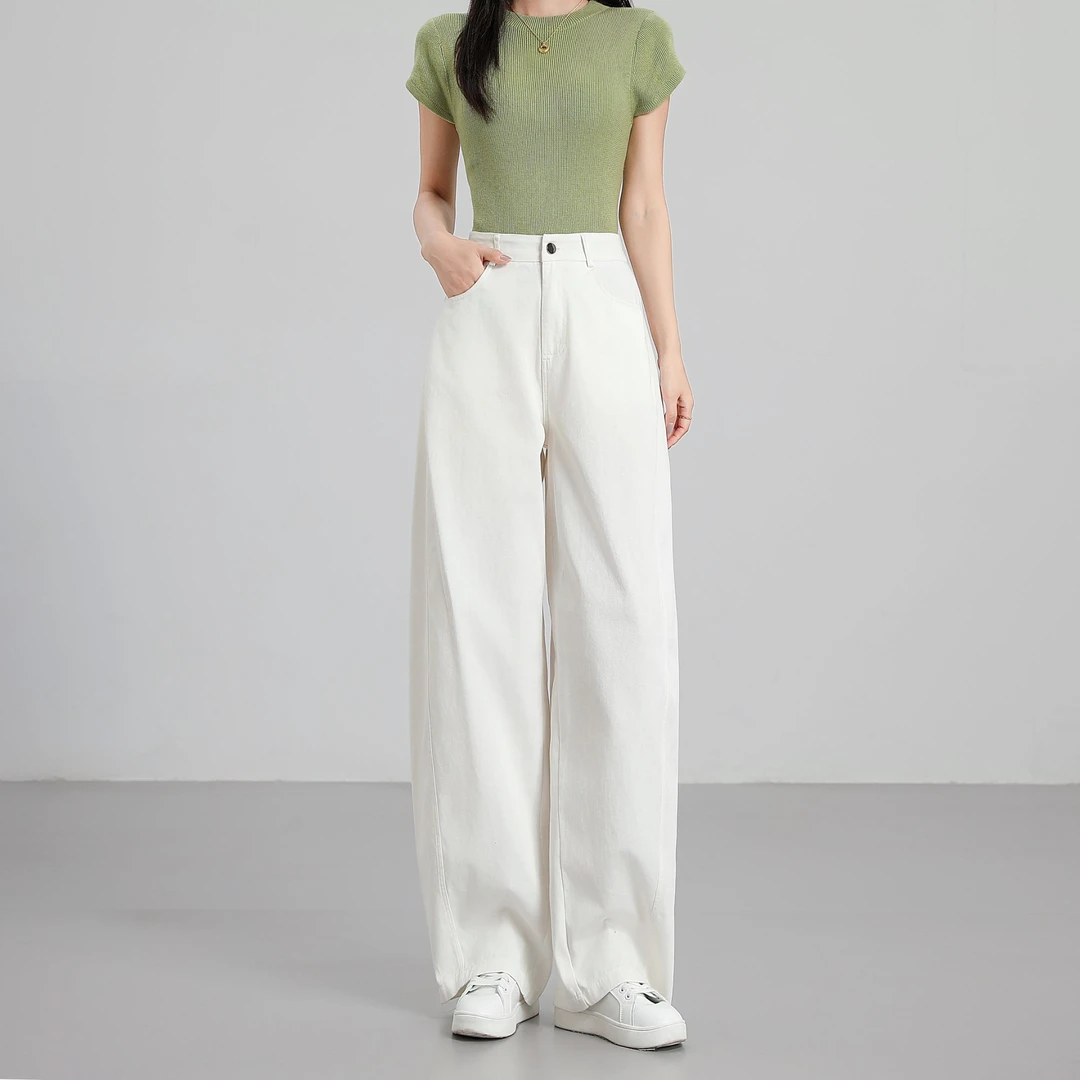 100%棉夏季高腰宽松弯刀裤女百搭薄款垂感直筒裤