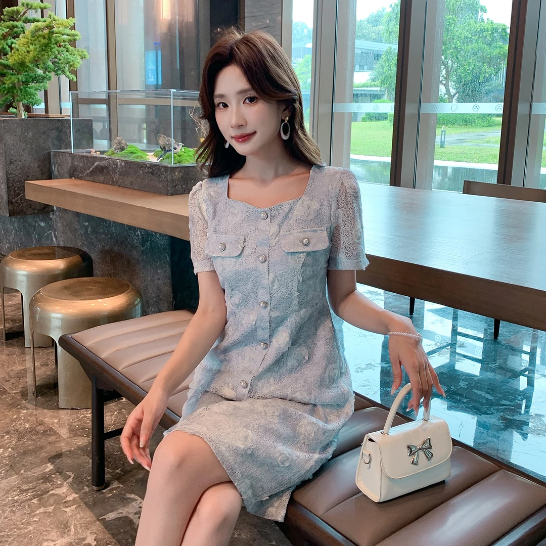 奢姿大码女装2025夏季气质优雅方领连衣裙胖妹妹时尚百搭短袖裙子