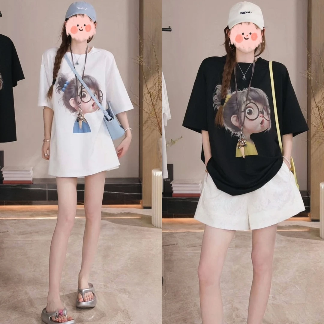 夏季小众设计后背蕾丝蝴蝶结印花T恤2025新款百搭短裤休闲套装女