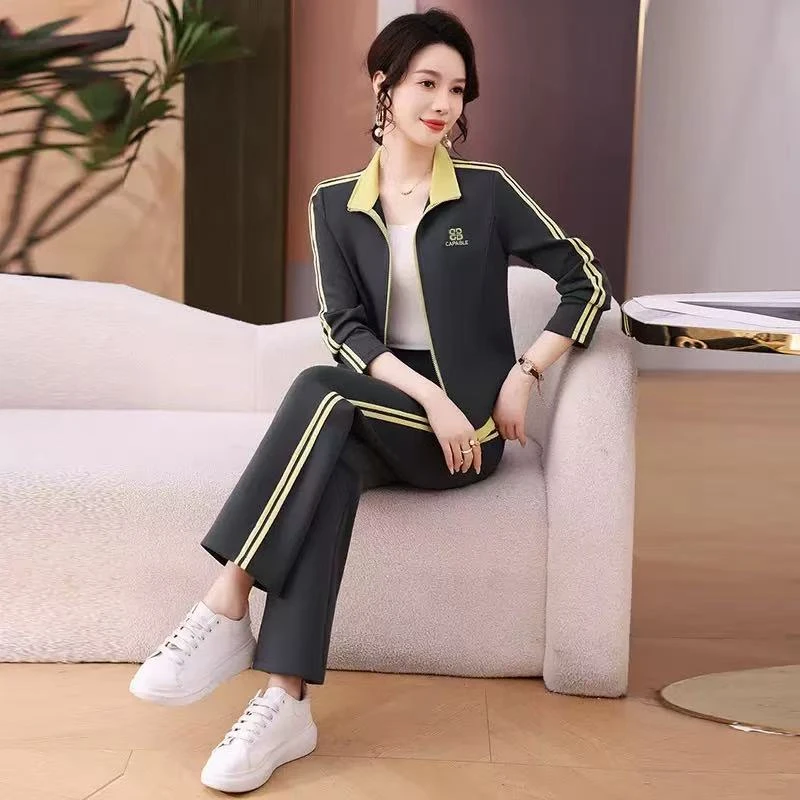 嘉莉丹-88011#春秋新款休闲时尚立领宽松显瘦开衫上衣直筒裤套装