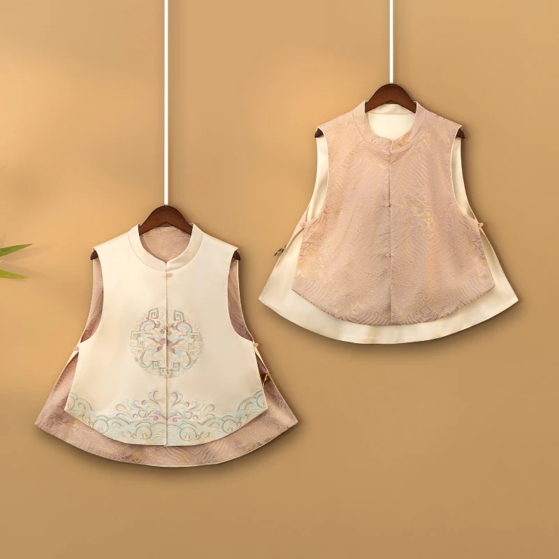 【白月光】双面双穿春季国风上衣马甲新中式立领提花马夹外套女装