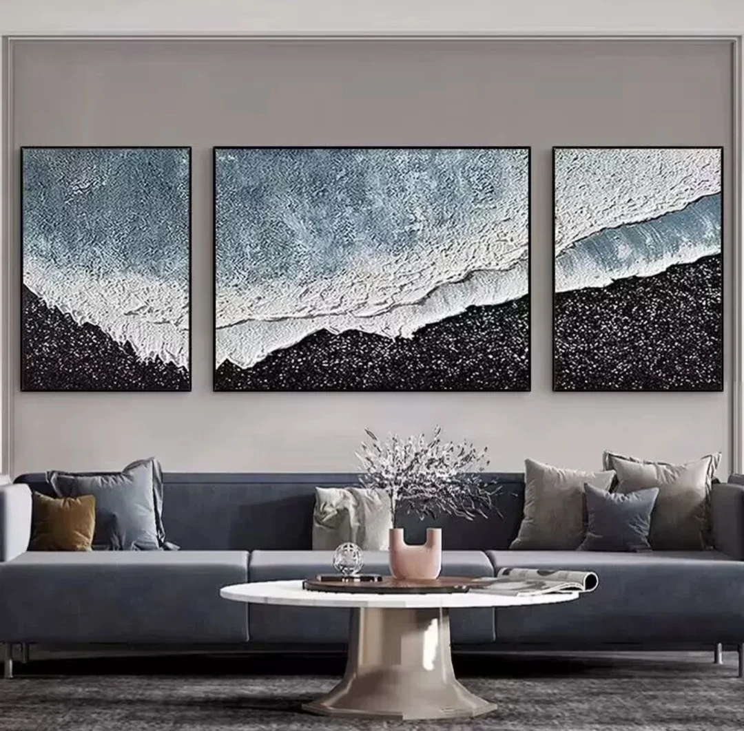 一帆风顺三联画AB款奶油风北欧风客厅郁金香三连肌理板画
