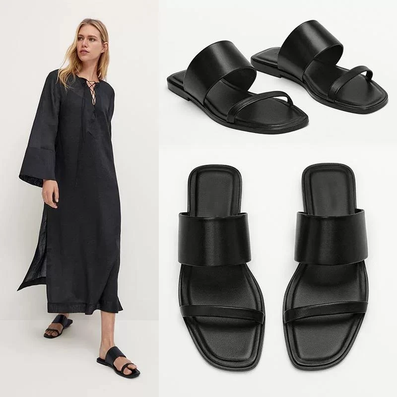 方头拖鞋女外穿夏新款设计感金属罗马凉拖防滑平底露趾一字拖