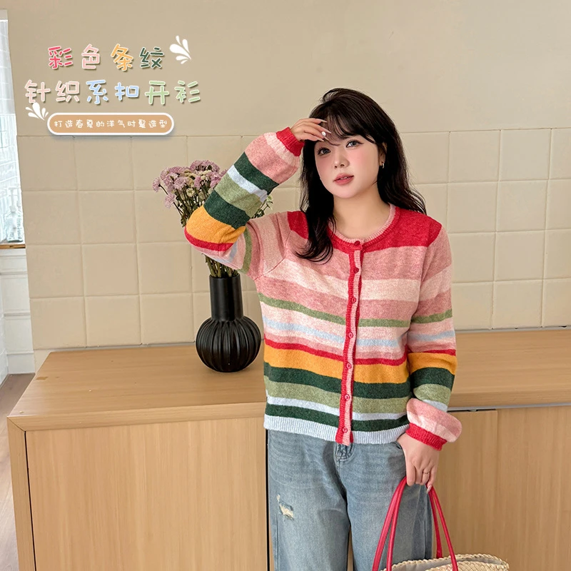 2025新款高级感大码女装彩色条纹减龄巨显白针织开衫胖mm显瘦上衣