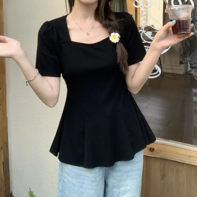 大码纯欲辣妹方领正肩短袖t恤女夏新款大码百褶下摆设计收腰上衣