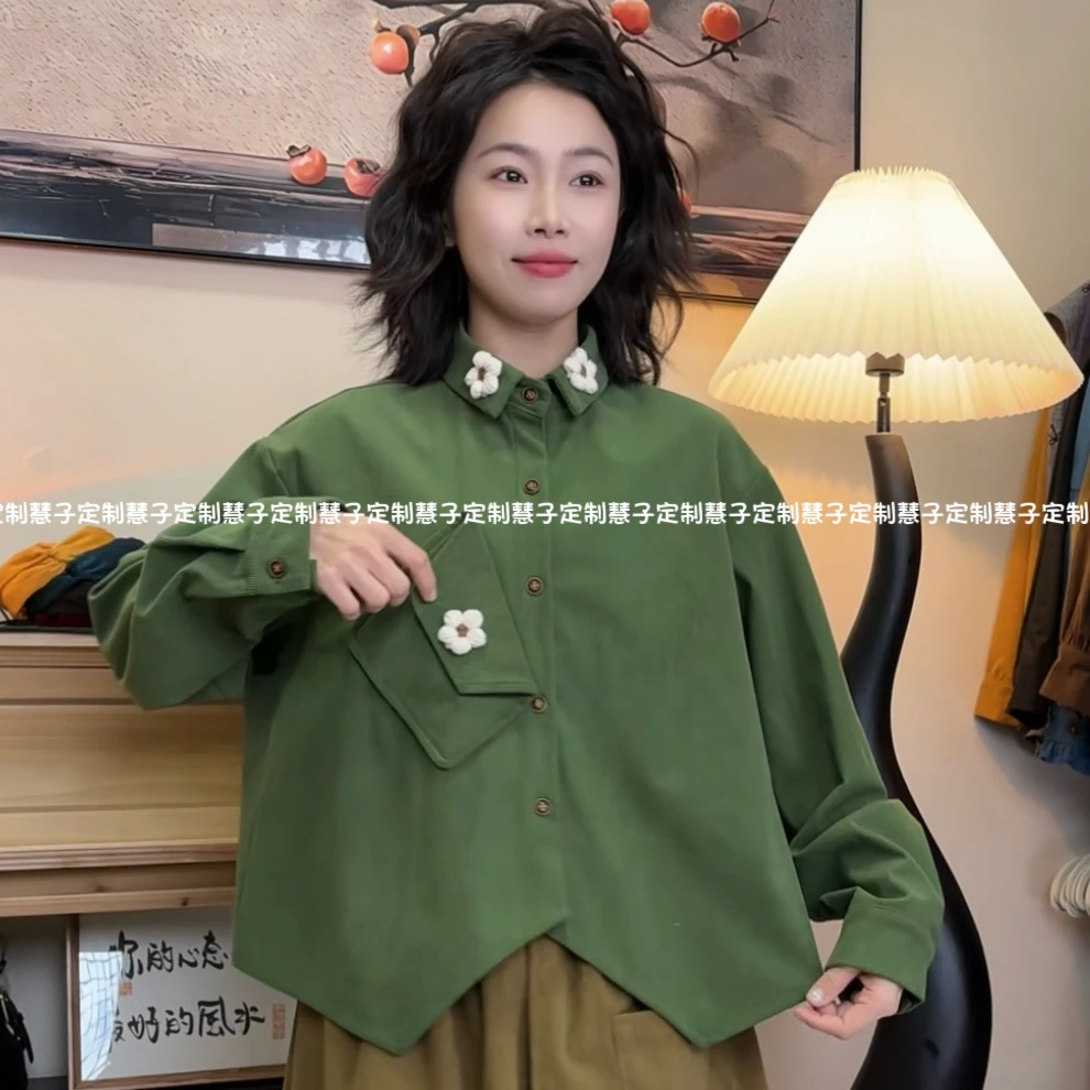 慧子【常青藤】自制春款新品灯芯绒小众设计感手工钩花ins长袖衬衫