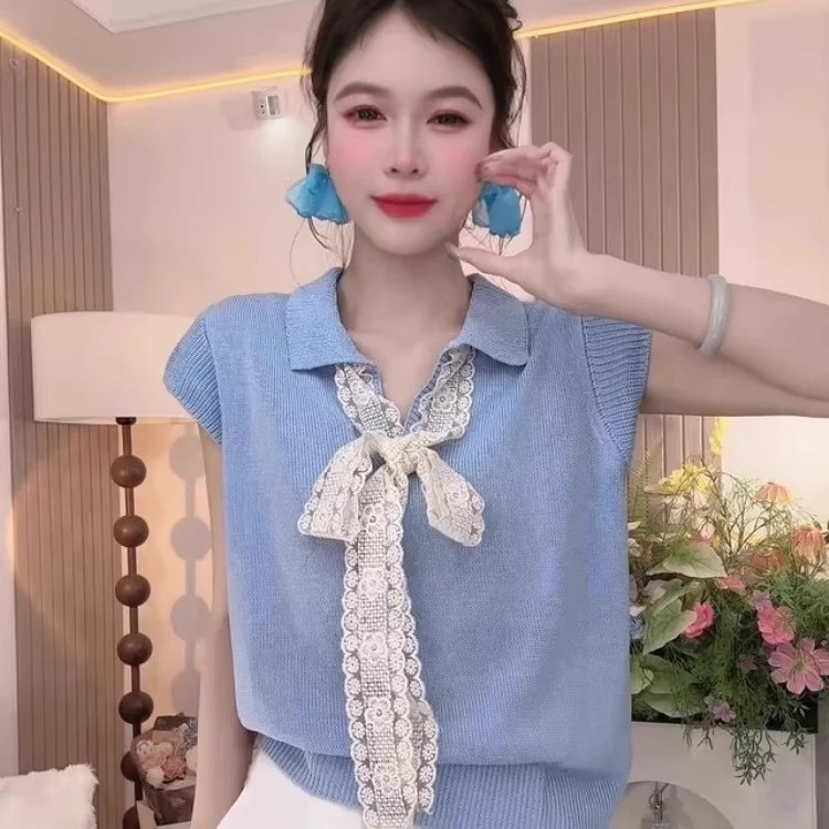 黄色POLO领短袖蕾丝拼接针织衫女2025夏季新款高级感纯欲甜辣上衣