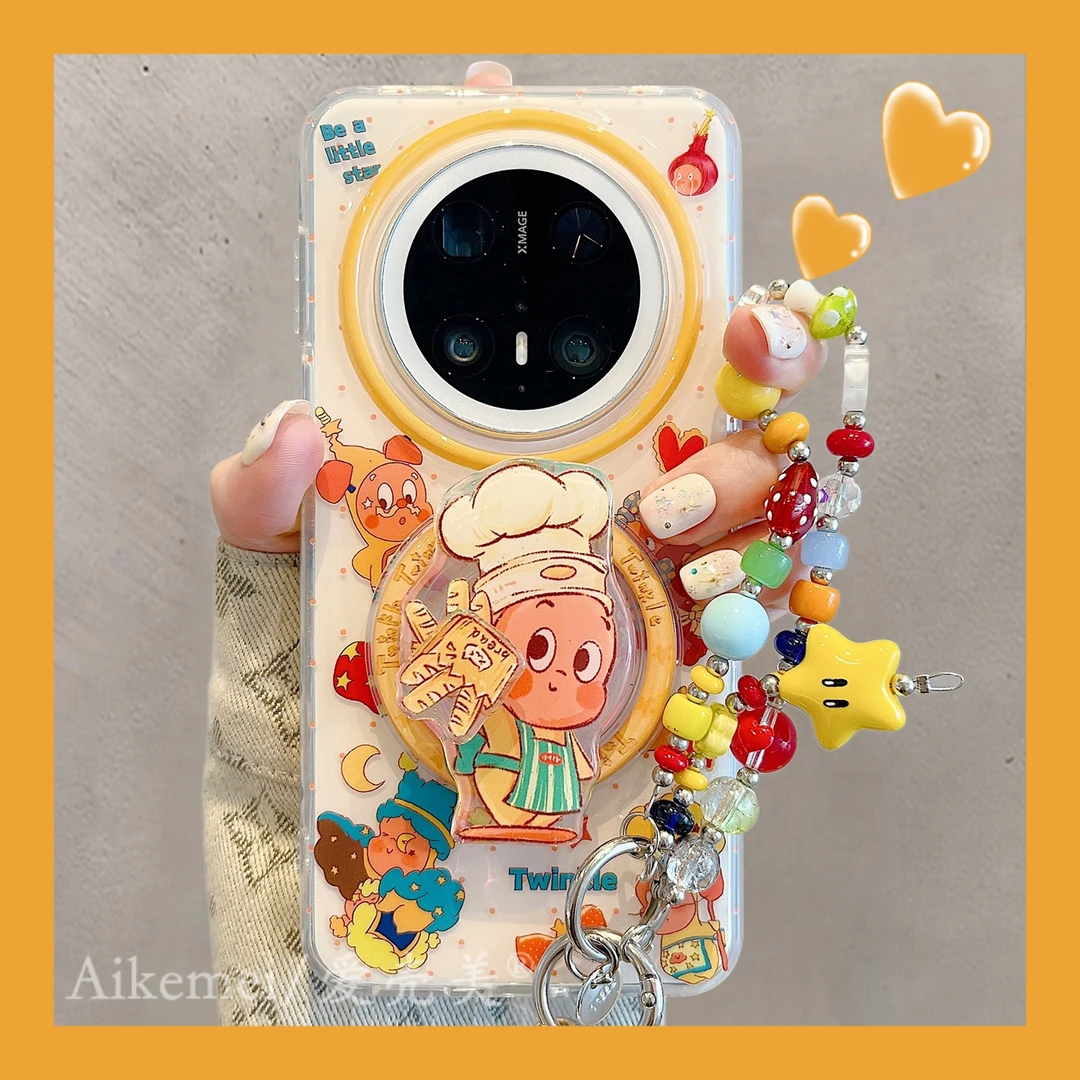 适用华为mate70pro+手机壳旋转面包mate60pro+厨师卡通人磁吸支架