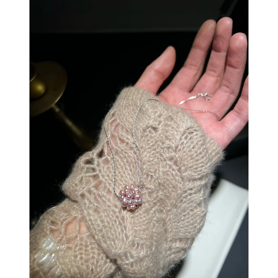 JUNMU天然淡水珍珠绣球花吊坠项链百搭珍珠编制系925银锁骨链颈链